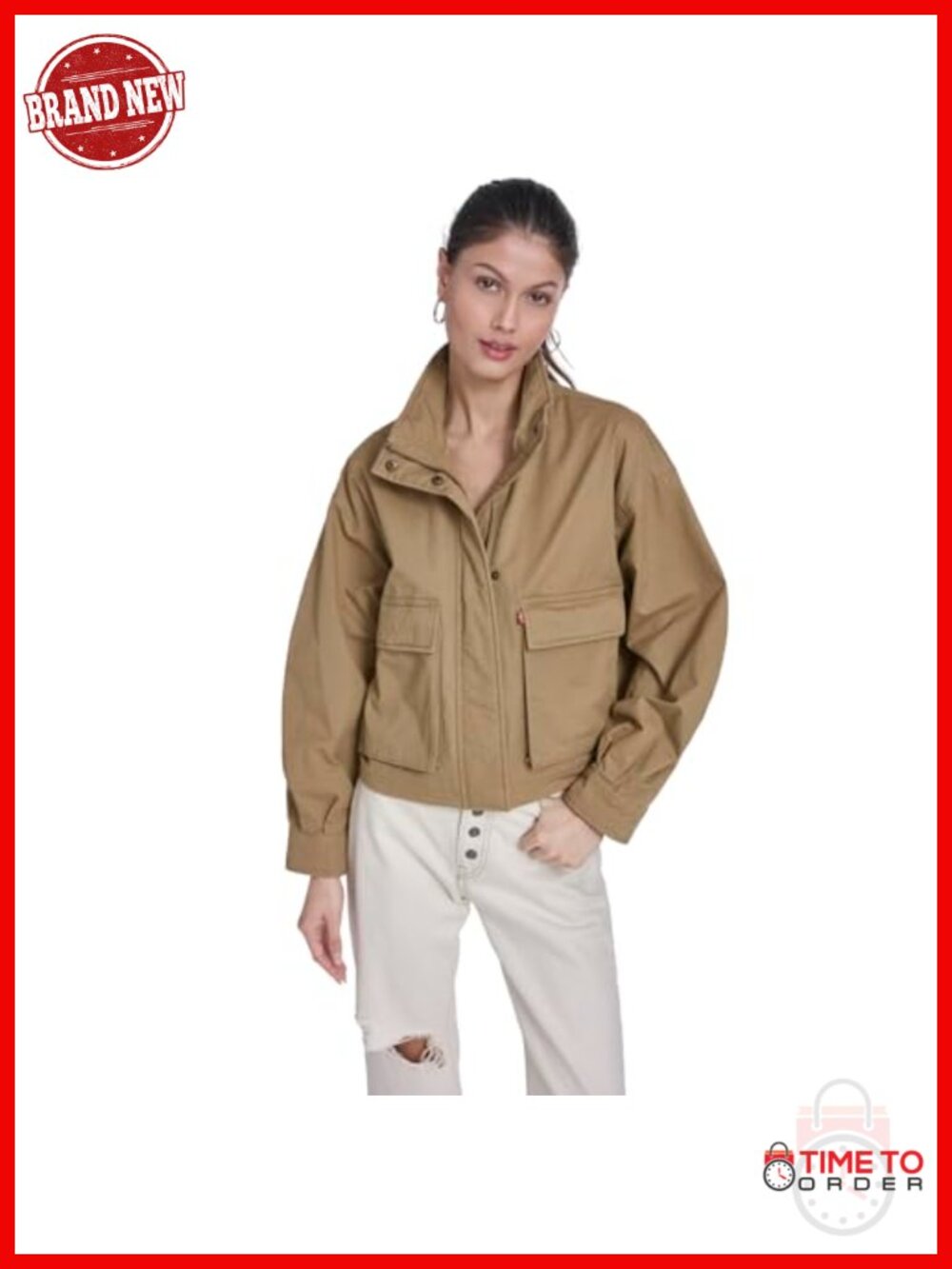 Cropped Cotton Surplus Jacket with Stand Collar and Snap Front